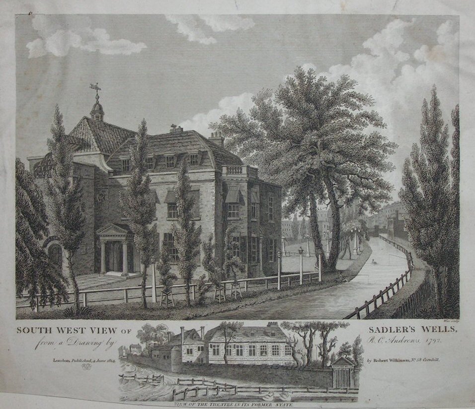 Print - South West View of Sadlers Wells from a drawing by R C Andrews 1792 - 
